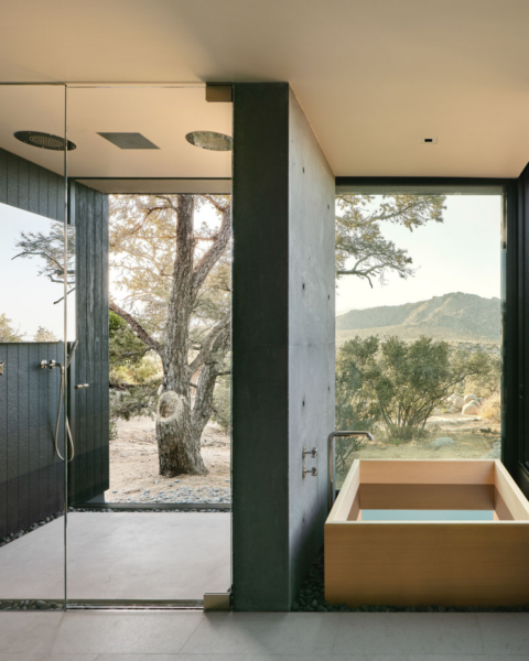 Glass Bathroom in High Desert Retreat by Aidlin Darling Design