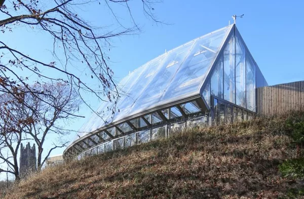 A view at the GLOBAL FLORA Conservatory, a sustainable greenhouse marvel in Wellesley, designed by Kennedy & Violich Architecture firm from Boston