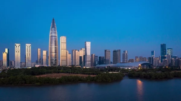 Shenzhen Houhai Hongtu Innovation Plaza stands tall amidst a cluster of surrounding High-Rise Buildings