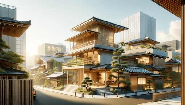 A view of Japan's architectural landscape, blending traditional Japanese elements with contemporary design.