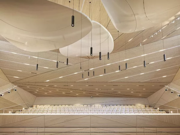 An interior view of ANDERMATT CONCERT HALL, showcasing its architectural beauty and acoustic design.