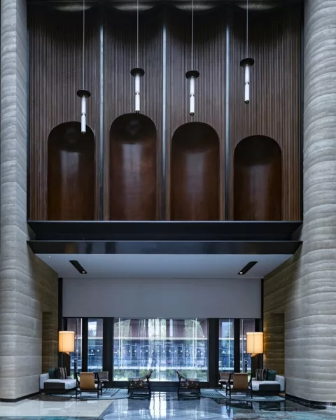 Interior of the Autograph Collection Hotel in Nanjing, transformed from an old cement plant.