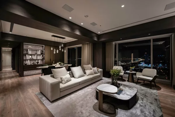 Comfortable living room with storage.