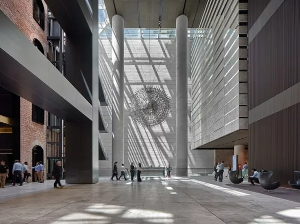 Interior view of the OLDERFLEET building, showcasing its integration within Melbourne's urban fabric.