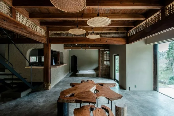 Interior look of SATOYAMA SATELLITE OFFICE, showcasing sustainable Japanese architecture.