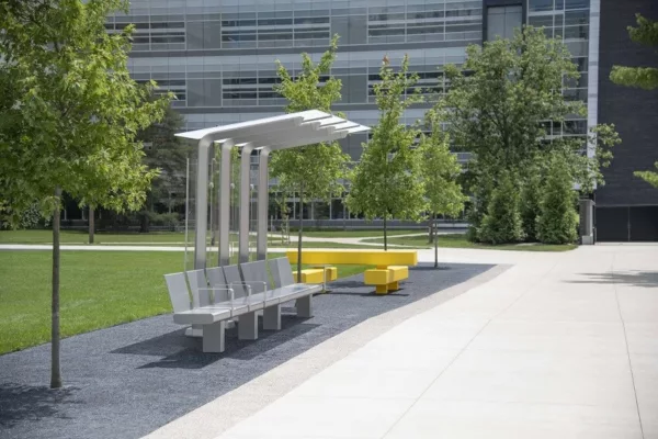 Theory outdoor furniture collection, blending art and utility in public spaces.