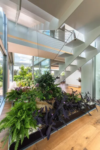 Stairways surrounded by green plants inside The Garden House in the City