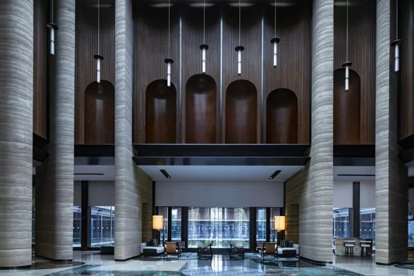 Interior view of the AUTOGRAPH COLLECTION HOTEL in Nanjing, China, showcasing its industrial style, captured by Jinfeng Qiu.