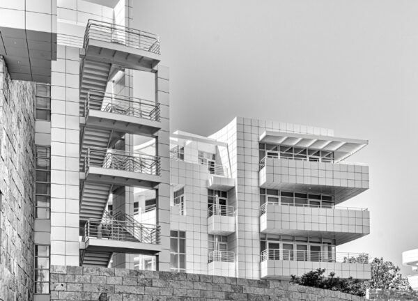 Black and white exterior view of Getty Center Plaza with strong geometric patterns.