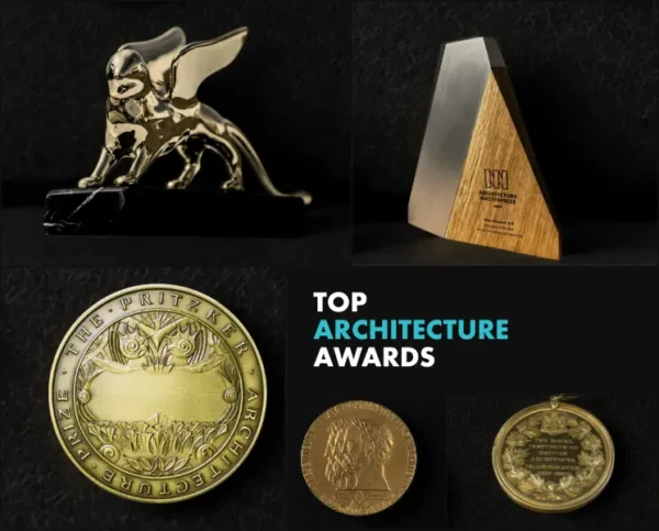 Trophies representing the Top Architecture Awards including the Pritzker Prize, RIBA International Prize, AIA Gold Medal, Golden Lion, and Architecture MasterPrize.