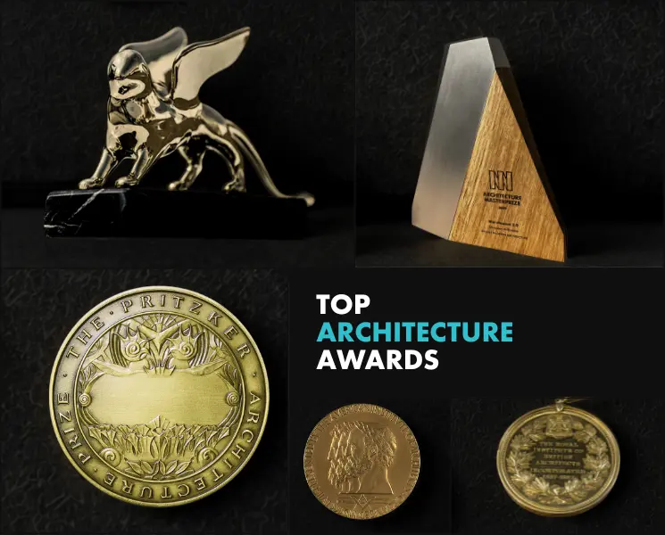 Trophies representing the Top Architecture Awards including the Pritzker Prize, RIBA International Prize, AIA Gold Medal, Golden Lion, and Architecture MasterPrize.