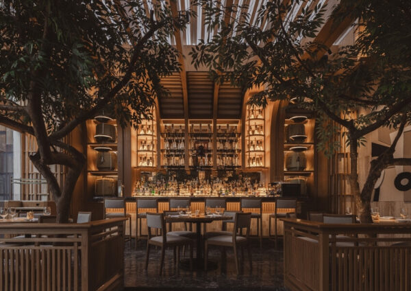 Interior of Nobu in Mexico City, designed by Cuaik CDS, with modern seating, soft ambient lighting, and natural wood and stone finishes.
