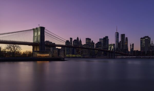 New York cityscape captured between golden and blue hour tones
