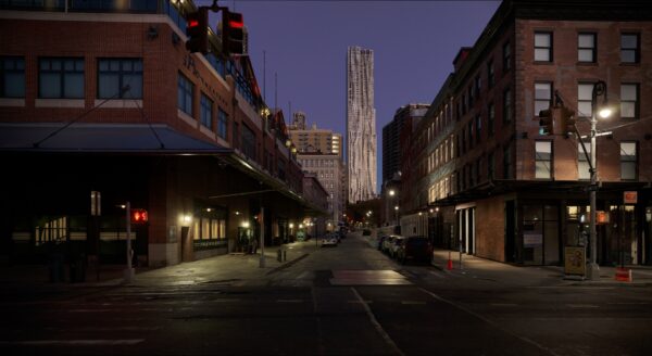 Skyscrapers silhouetted against a purple twilight sky in New York