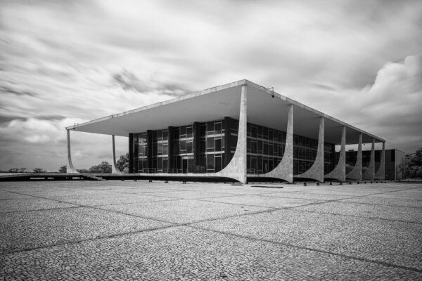 Black-and-white infrared photograph of Brasília Cathedral by Oscar Niemeyer captured by Dieter Demey.