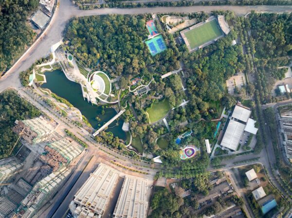 Aerial view of NaMo Grand Central Park showing lakes, gardens, and landscape masterplan