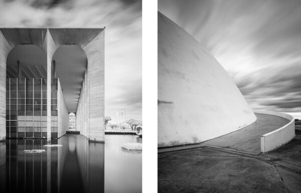 Infrared image capturing the curves and geometry of Oscar Niemeyer's architecture in Brasília.