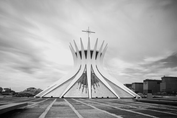 Close-up infrared photograph highlighting architectural details of a modernist building in Brasília.